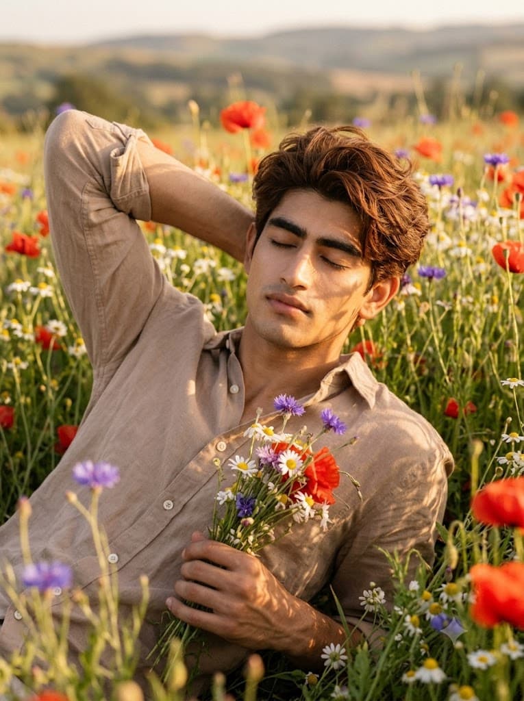 Golden Hour Serenity: Ethereal Portrait in Wildflower Field