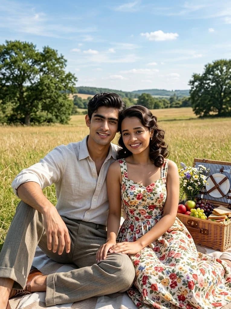 Vintage Countryside Picnic Couple Portrait