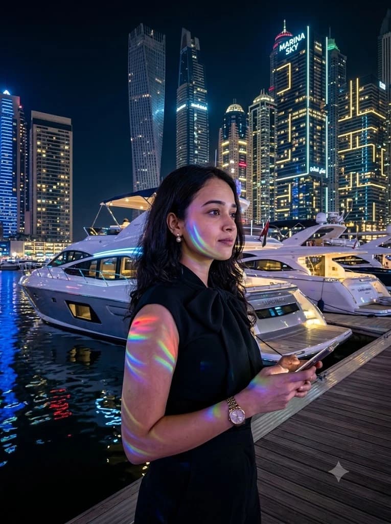 Dubai Marina Night Portrait with Prism Flare