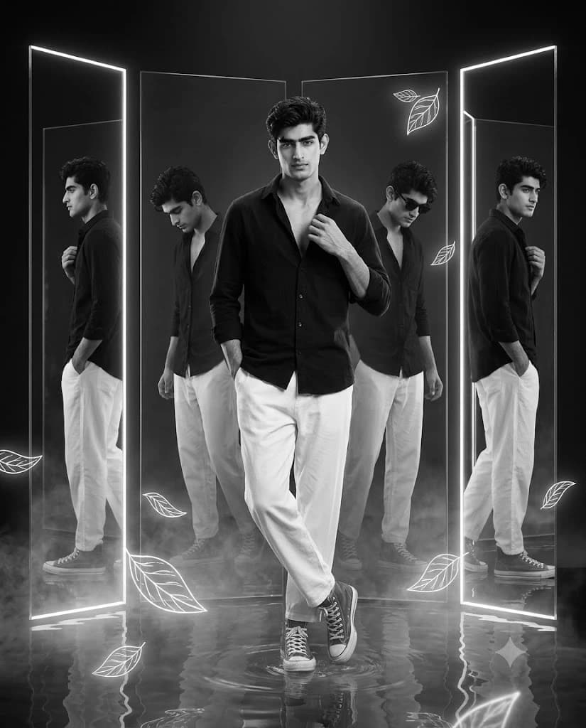 Neon Mirror Reflection Fashion Portrait