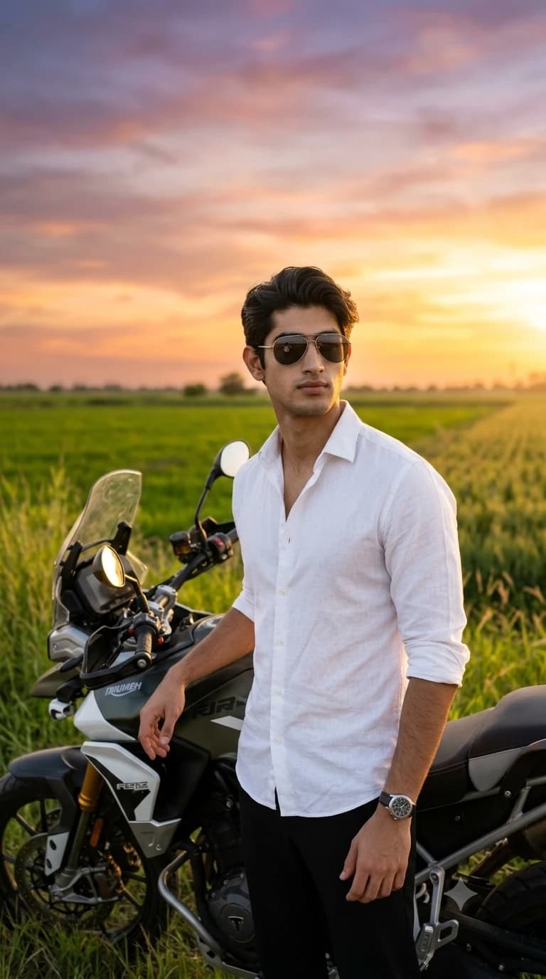 Golden Hour Adventure Rider Portrait Prompt