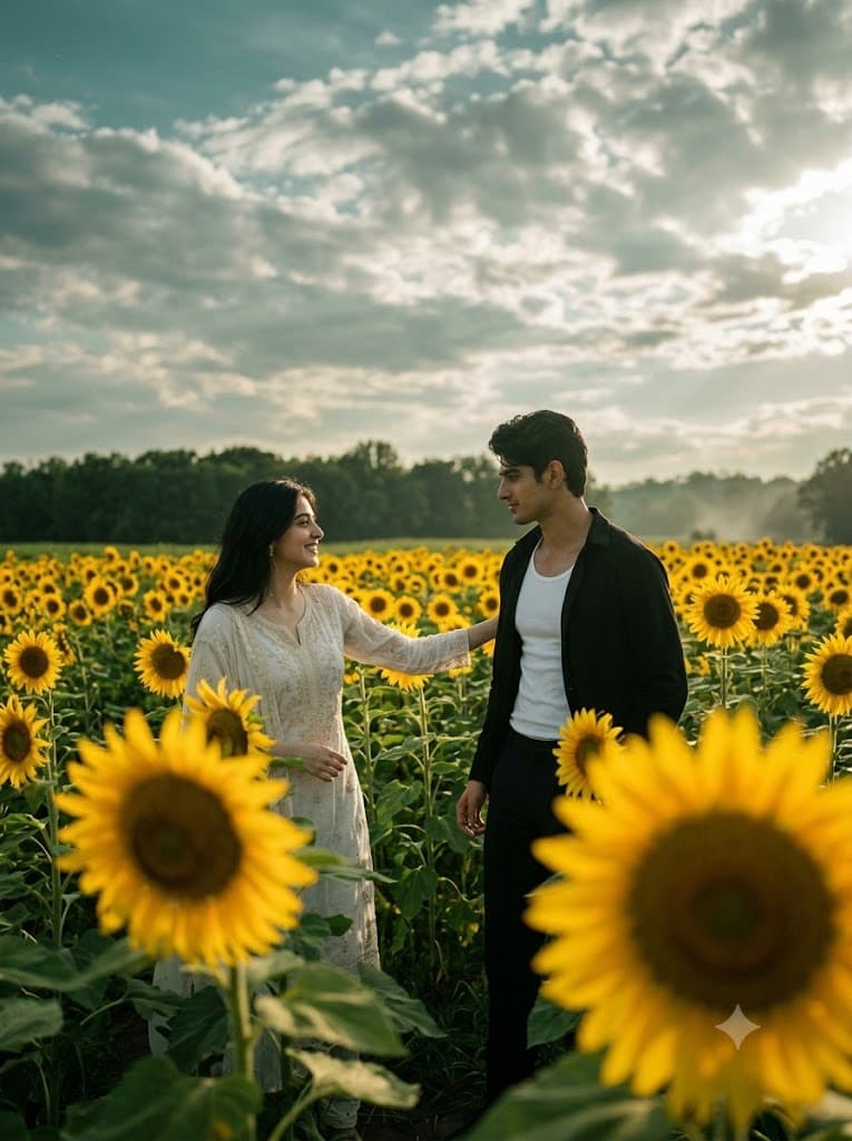 Golden Hour Sunflower Field Couple Portrait