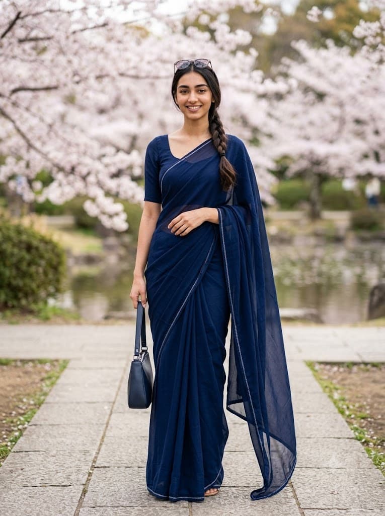 Indian Woman in Blue Saree with Cherry Blossoms