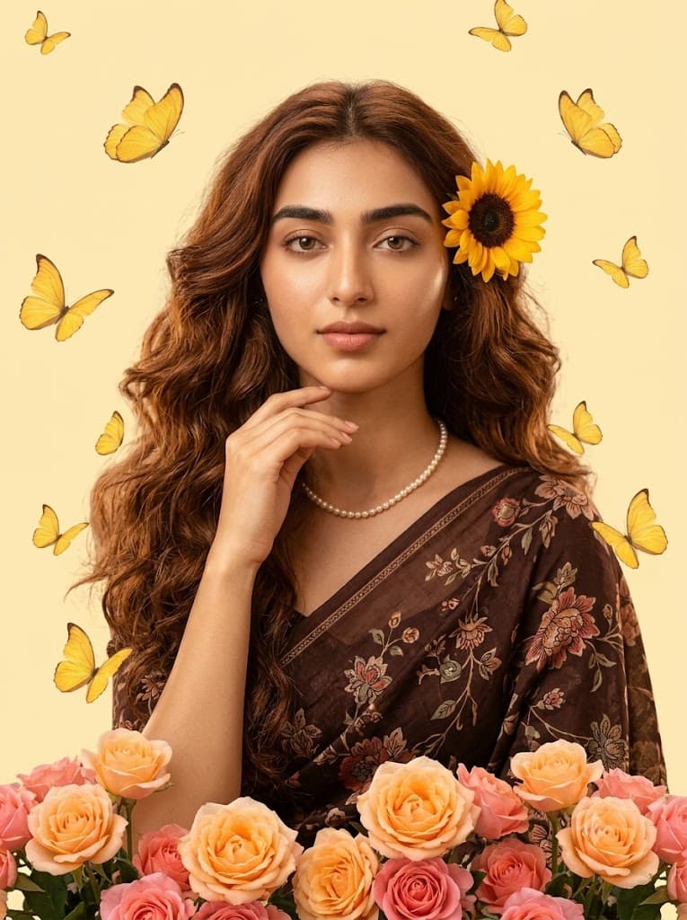 Ethereal Floral Portrait with Floating Butterflies